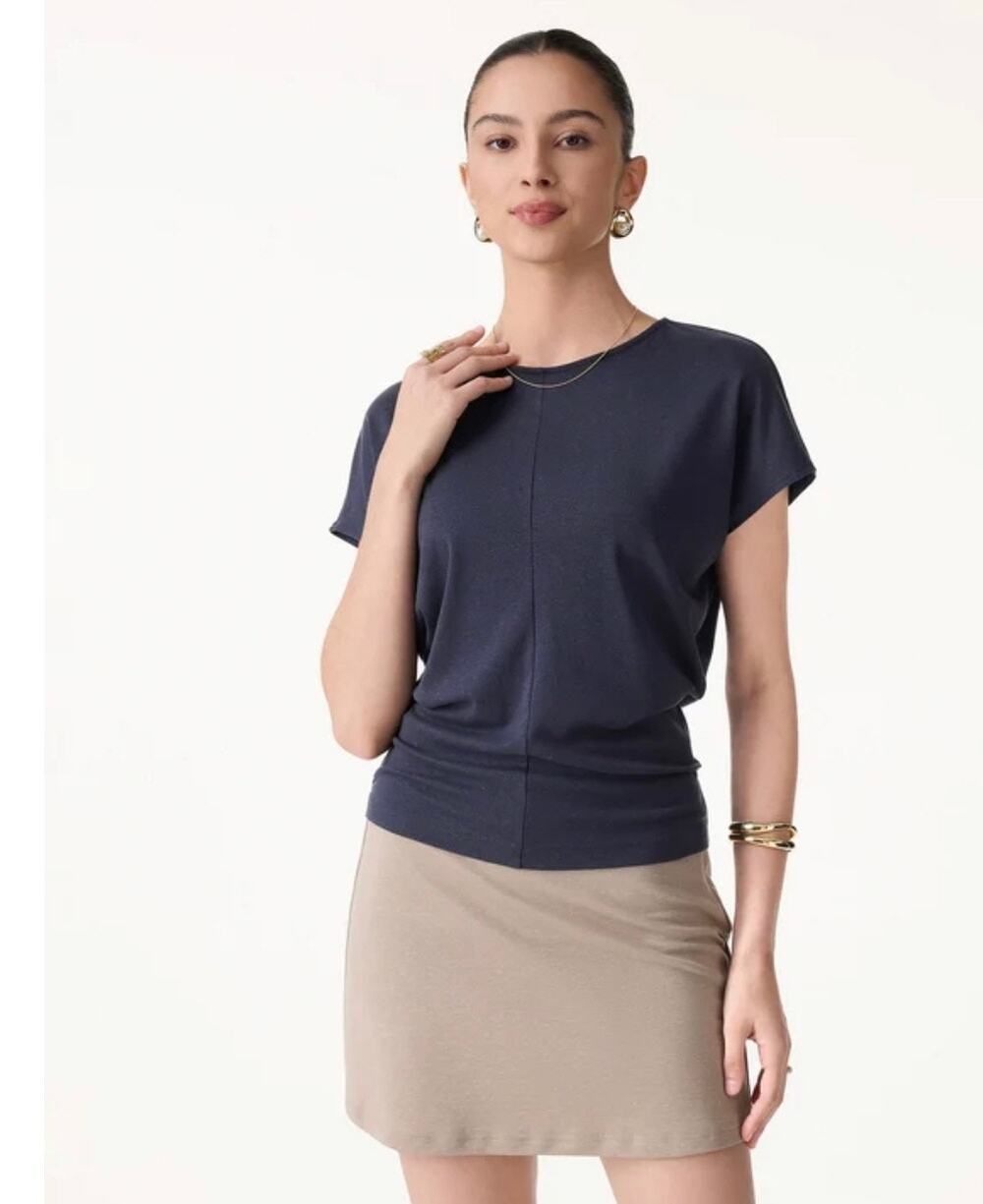 OGL Smoky Navy Blue Short Sleeve Top Soft Stretch Minimalist Tee Small S New